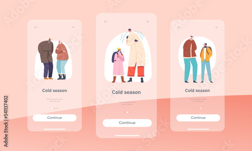 Cold Season Mobile App Page Onboard Screen Template. People At Wintertime Freeze  Characters Wear Warm Winter Clothes