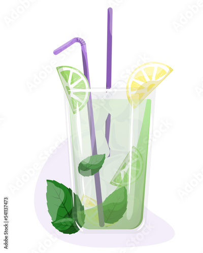 Cocktail with lime and mint. Glass of mojito cocktail with mint and straw. Vector illustration isolated on white background. 