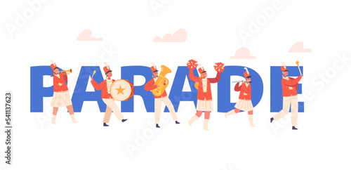 Kids Band In Red Uniform Marching On Parade Concept. Happy Girls And Boys Play Festival Music With Drum, Brass Horn
