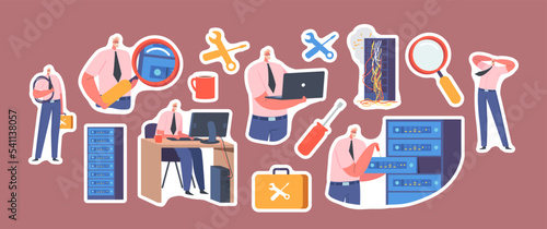 Set of Stickers System Administrator Working Routine. Sysadmin Work on Computer, Doing Technical Work With Server Rack
