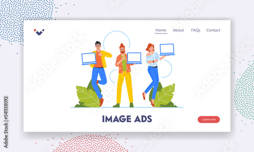 Image Ads Landing Page Template. Positive Promoters Point On Empty Screen Of Laptops with Place of Advertising or Info