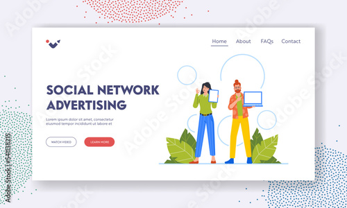 Social Network Advertising Landing Page Template. People Point On Empty Screen Of Mobile Devices Vector Illustration