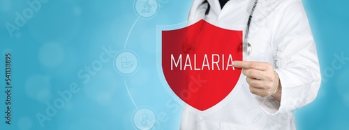 Malaria. Doctor holding red shield protection symbol surrounded by icons in a circle. Medical word