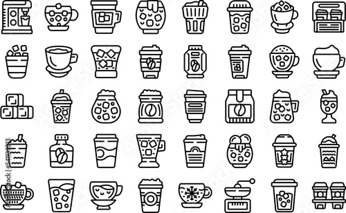 Cold coffee icons set outline vector. Milk americano. Cafe cup