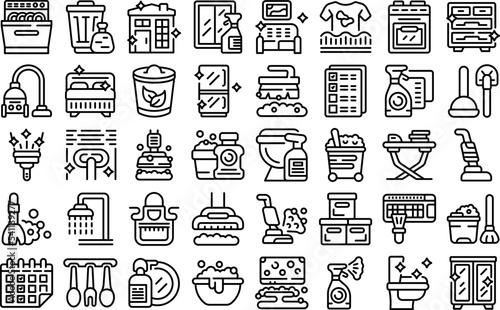 Tidy up icons set outline vector. Furniture room. Clean dirty