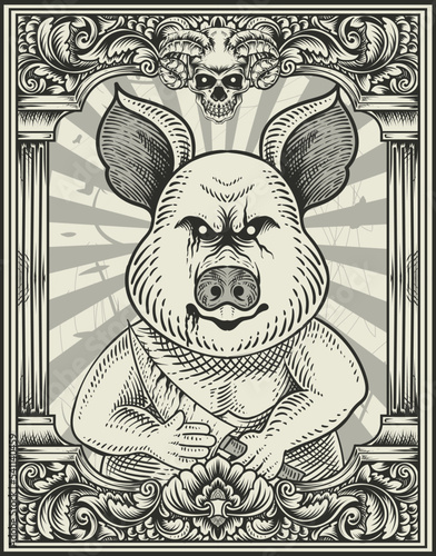 illustration vintage psychopath pig with engraving style