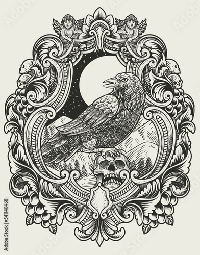 illustration vintage scary crow with engraving style