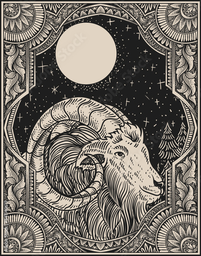 illustration vintage goat with engraving style