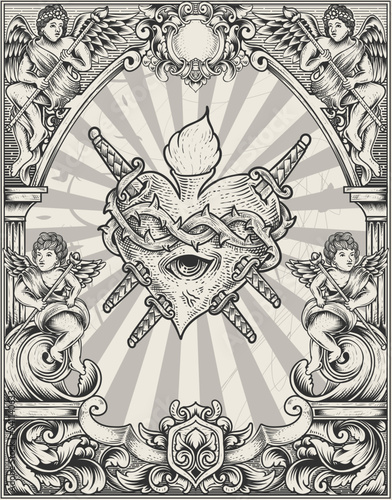 illustration antique heart attack with engraving style