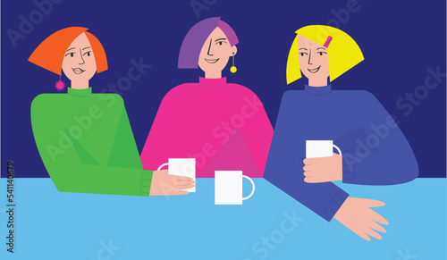 Three girls friend sitting together and drinking