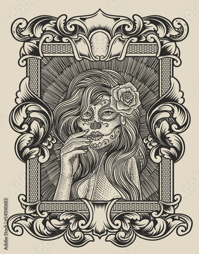 illustration sugar lady skull with engraving style