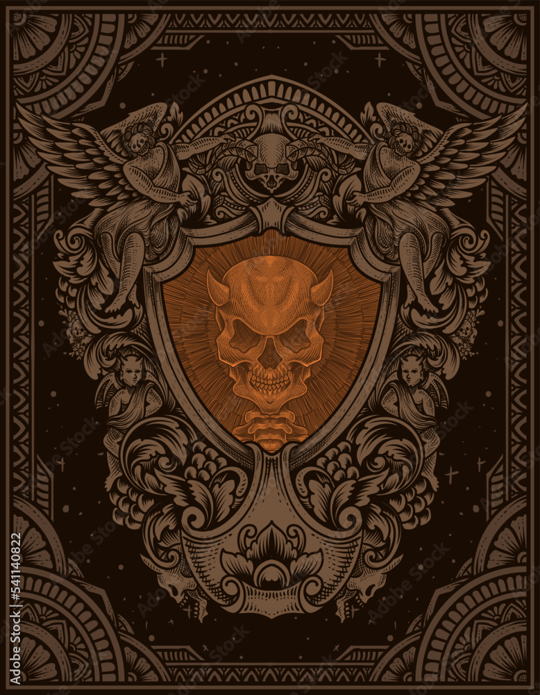 Fototapeta premium illustration demon skull with engraving ornament style