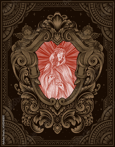 illustration vintage angel with engraving ornament style