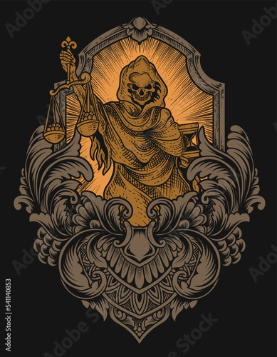 illustration justice death angel with vintage engraving ornament