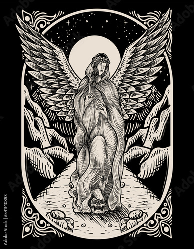 illustration vintage angel with engraving style