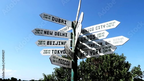 Signs on a pole point to the direction of cities and distance from the Equator on a sunny day against the blue sky photo