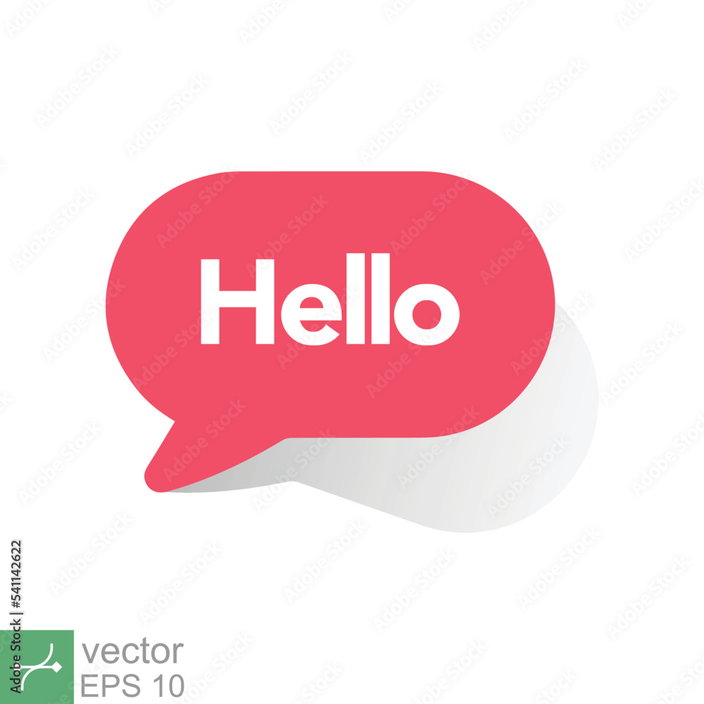 Hello text bubble, red speech message icon. Simple flat style. Chat design, cloud, vintage banner template, communication concept. Vector illustration isolated on white background. EPS 10. Hello text bubble, red speech message icon. Simple flat style. Chat design, cloud, vintage banner template, communication concept. Vector illustration isolated on white background. EPS 10.