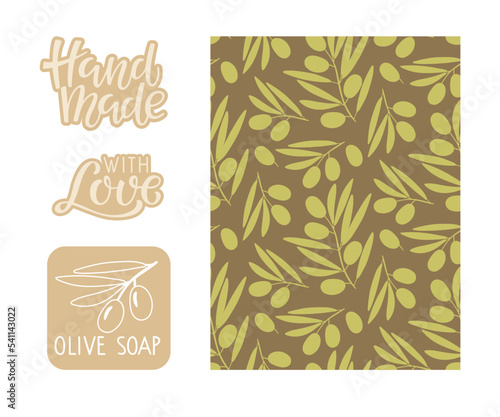 Packaging for olive cosmetics in rustic style. Labels for handmade olive cosmetics or soap and seamless olive sketch pattern. Vector flat Illustration for home made natural organic product cosmetic