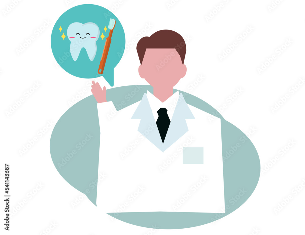 歯磨きを推奨する歯科医の男性。綺麗な健康な歯、歯ブラシ。ベクターイラスト