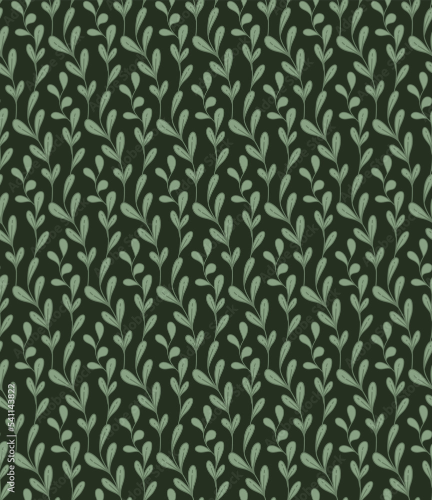 Vector pattern with cartoon intertwined branches with foliage on dark green background. Botanical texture with doodle hand drawn leaves and stems Vector pattern with cartoon intertwined branches with foliage on dark green background. Botanical texture with doodle hand drawn leaves and stems