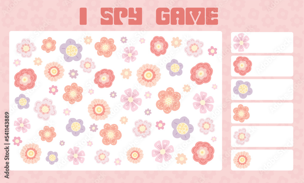 I spy game. Childrens educational fun. Count how many bloom elements. Flat hand drawn gentle flower. Vector groovy floral template I spy game. Childrens educational fun. Count how many bloom elements. Flat hand drawn gentle flower. Vector groovy floral template