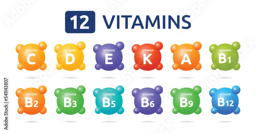 12 Essential vitamins. Set of Multi Vitamin complex icons. Vector illustration.