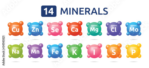 Essential chemical minerals and microelements symbol set. 14 Minerals concepts.