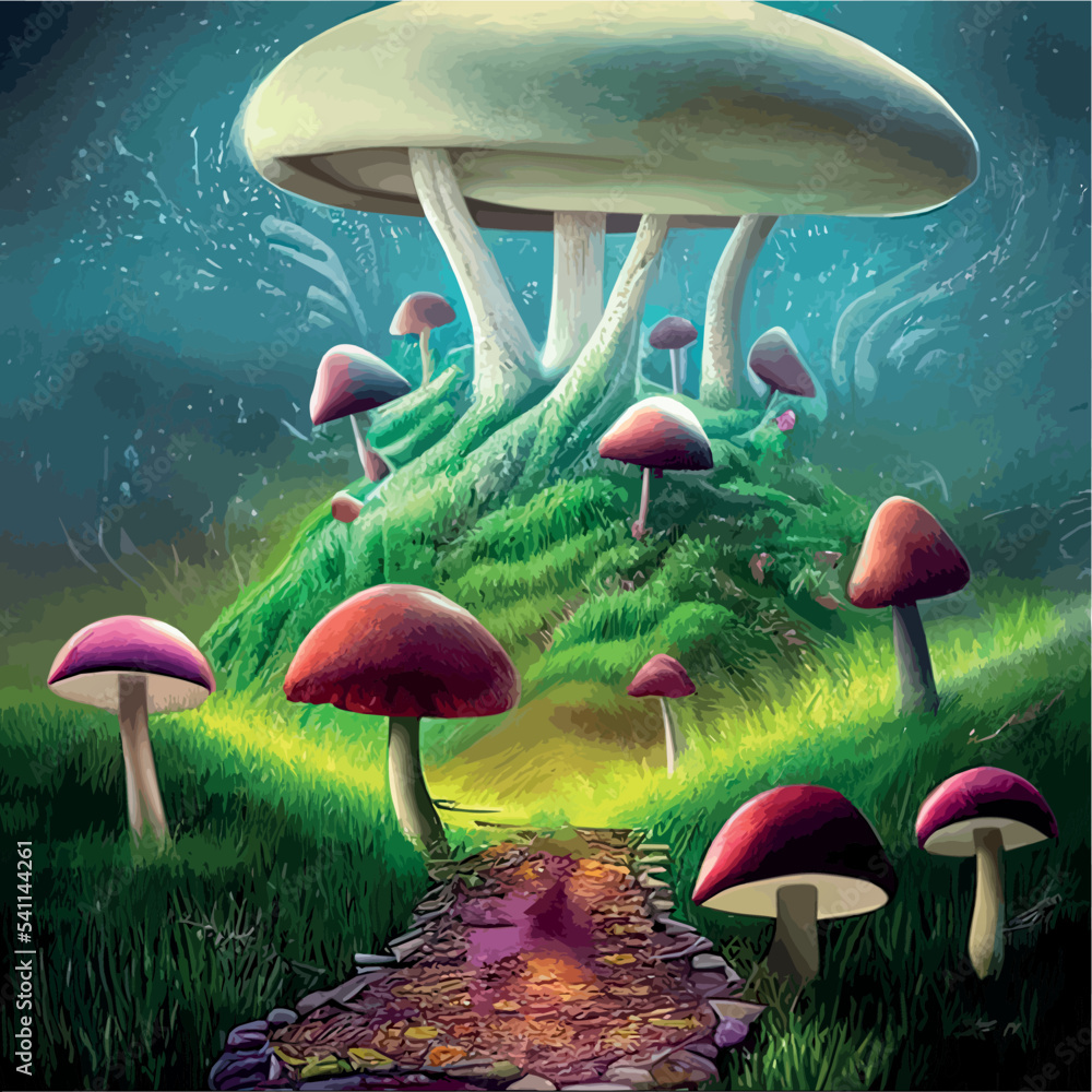 surreal mushroom landscape, fantasy wonderland landscape with mushrooms ...