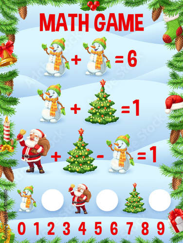 Cartoon Christmas characters. Math game worksheet or kids education puzzle quiz with vector c hristmas tree, Santa Claus with gift bag and Xmas bell, snowman on snow background. Xmas counting game