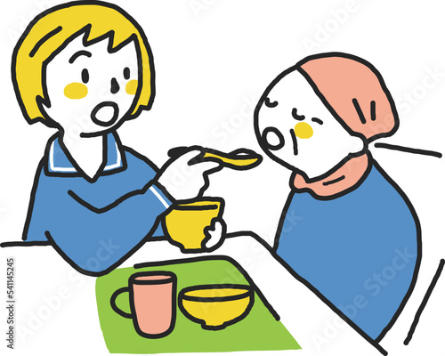 介護を必要としている家族の食事の介助をしているヤングケアラー　イラスト素材
