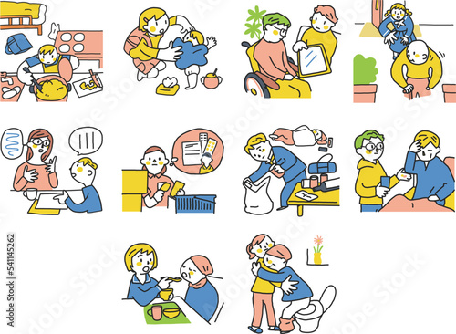 家族のケアを引き受け家族の世話、介護サポートを行うヤングケアラー達　セット　イラスト素材
