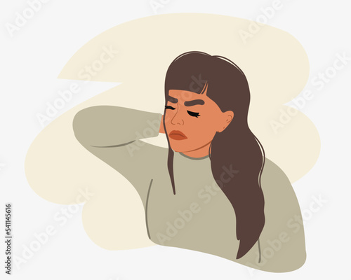Young and beautiful woman with neck pain, keeps her hand on her neck. Flat vector illustration. photo