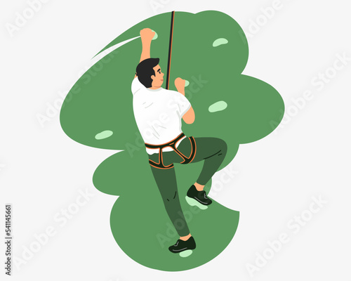 A young man climbs a climbing wall in a bouldering park. In an extreme gym on a stone wall, an artificial mountain with rocks. Flat vector illustration.