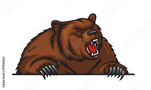 Grizzly bear mascot with claws, angry animal for sport team. Vector grizzly bear predator for school sport club or college and gym emblem of wild aggressive grizzly bear roaring
