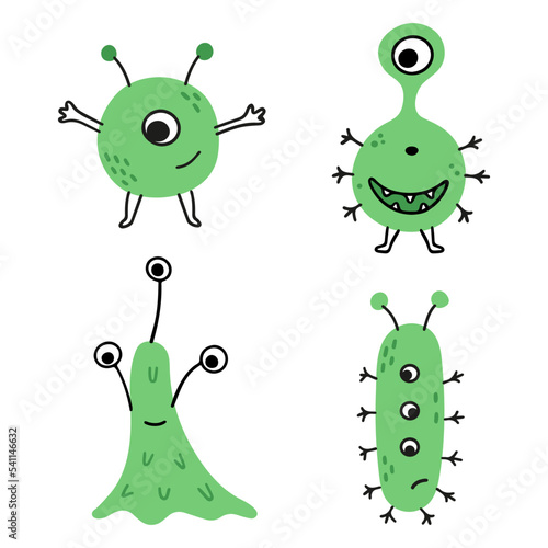 Set of cartoon green doodle germs and bacterias