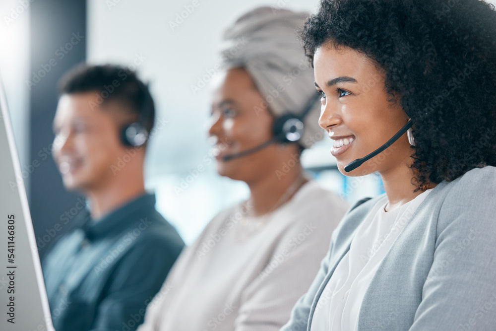 Call center, contact us and woman in telemarketing customer support services talking and consulting clients. Smile, communication and happy sales agent working on a computer helping with loan advice Call center, contact us and woman in telemarketing customer support services talking and consulting clients. Smile, communication and happy sales agent working on a computer helping with loan advice