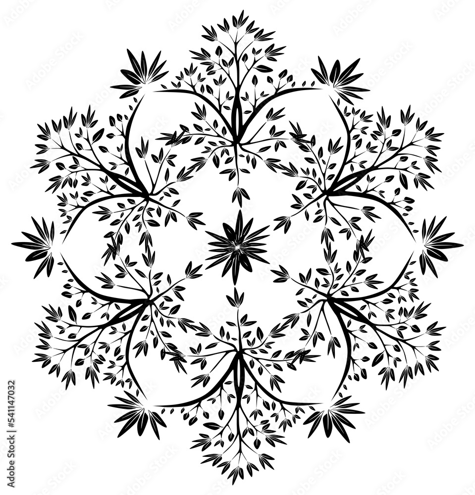 Abstract image. An artistic and antique black tree in a mandala pattern on white background.