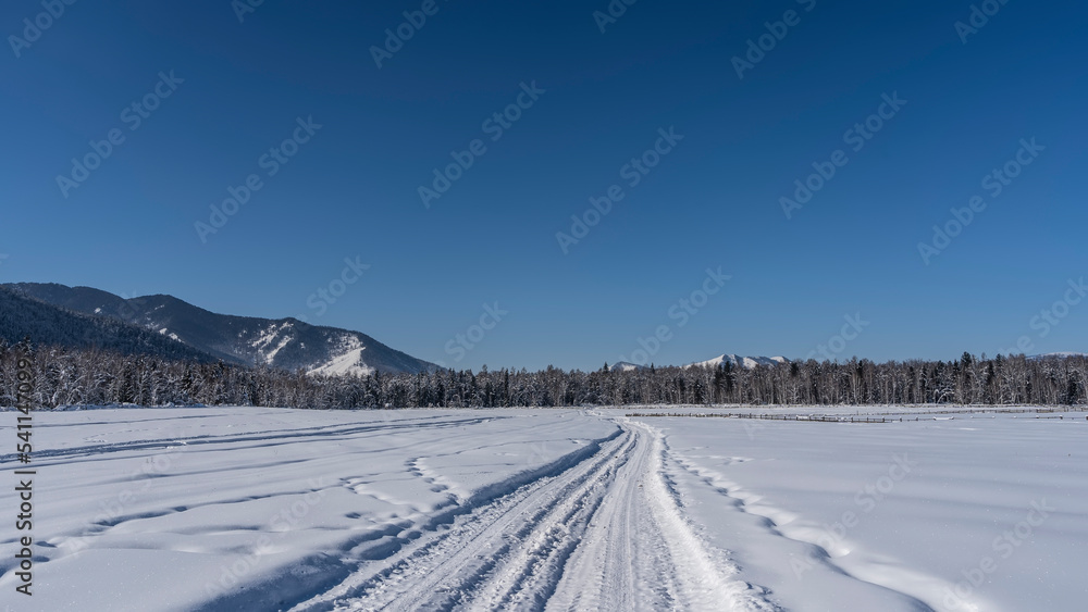 The road, trodden in the snow, goes forward and into the distance along a spacious valley. Clean untouched snow-covered fields around. The taiga is visible ahead. Mountains against a clear blue sky.