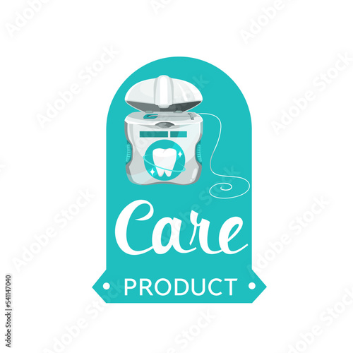 Dental floss icon. Oral care and hygiene, dentistry and teeth health vector icon, dentist clinic or center emblem with dental floss thread or string container, molar tooth