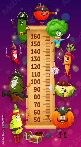 Kids height chart cartoon vegetables pirates and corsairs growth meter. Vector cucumber, tomato, broccoli or carrot, garlic, cauliflower and squash, pumpkin with avocado and red chili pepper veggies