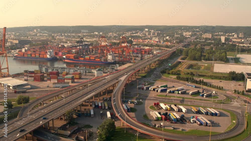 Aerial view long straight highway 468 alongside Awanport seaport, Gdynia, Poland Aerial view long straight highway 468 alongside Awanport seaport, Gdynia, Poland