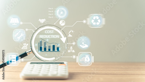 Costs reduction Concept. business finance optimisation strategy economy saving. Concept of Cost Control. Cost text with a down arrow. budget,cut budget,growth graph,profit optimize,Cost Management.
