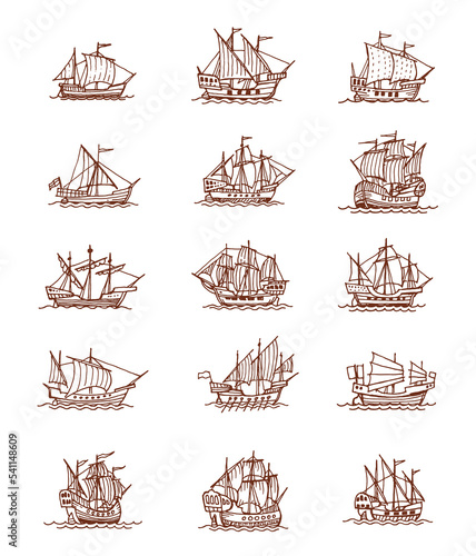 Isolated vintage sail ships and sailboats. Old vessel sketches of ancient nautical map. Vector sailing boats and ships, old caravels, antique galleons, yacht and frigates with sea waves, sails, ropes