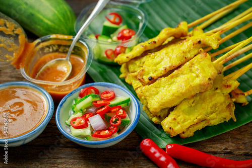 Canvas Print Thai food, pork satay Marinated pork with Thai seasoning concept Grilled Asian Food