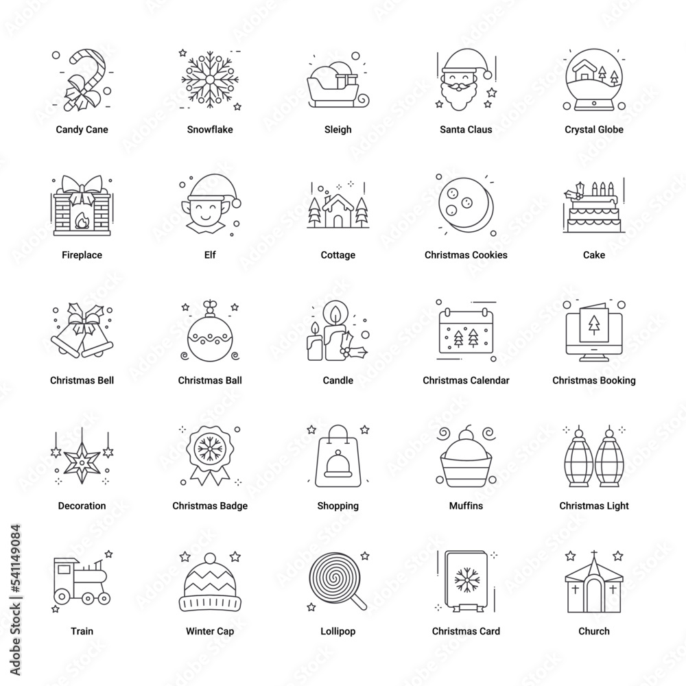 Christmas and Happy New Year line icons set. Vector illustrations.