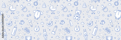 Baby Boy Seamless Pattern In Blue Colors. Vector Cartoon Illustration