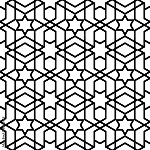 Mashrabiya arabesque arabic window pattern. Seamless islamic background. Vector monochrome ornament. Arabian repeated wallpaper, decorative ramadan motif. Black geometrical figures on white backdrop photo