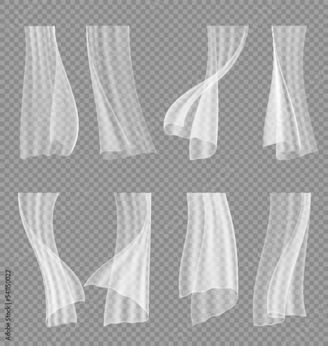 White window veil curtain in wind on transparent background, realistic vector. Curtains of veil fabric or silk cloth drapery, hanging tulle tissue veils for wedding frame or interior drapes with folds
