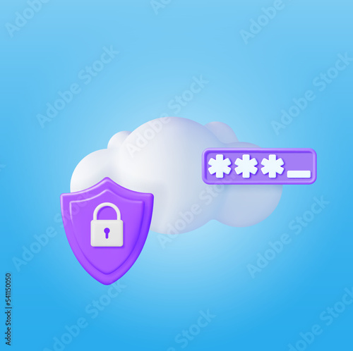 3D White Cloud with Locked Padlock and Password. Render Cloud with Pad Lock Icon. Concept of Cloud Data Protection, Security and Confidentiality. Safety, Encryption and Privacy. Vector Illustration