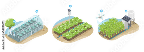 smart farm iot concept symbols solar cell water pump and drone farming system equipment ecology for agricultural diagram isometric
